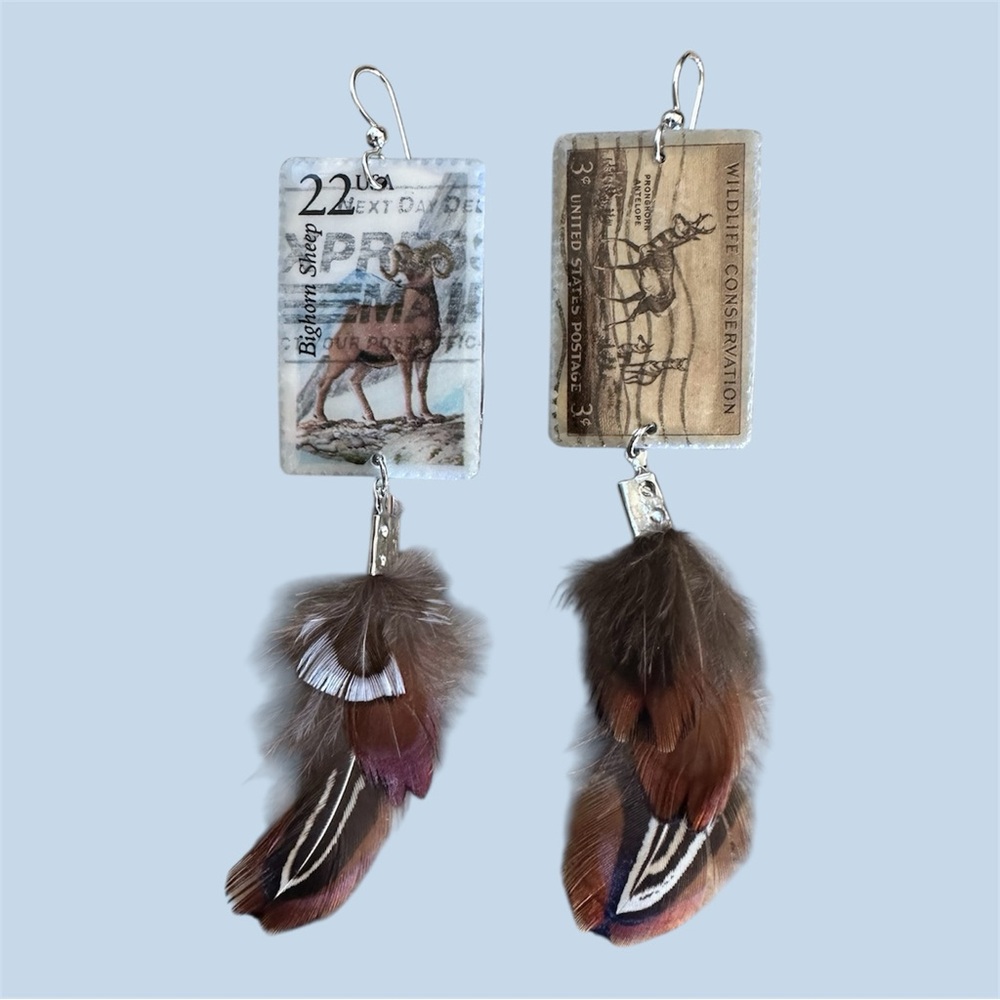 Bighorn sheep pronghorn vintage postage stamp custom earrings w feathers OOAK